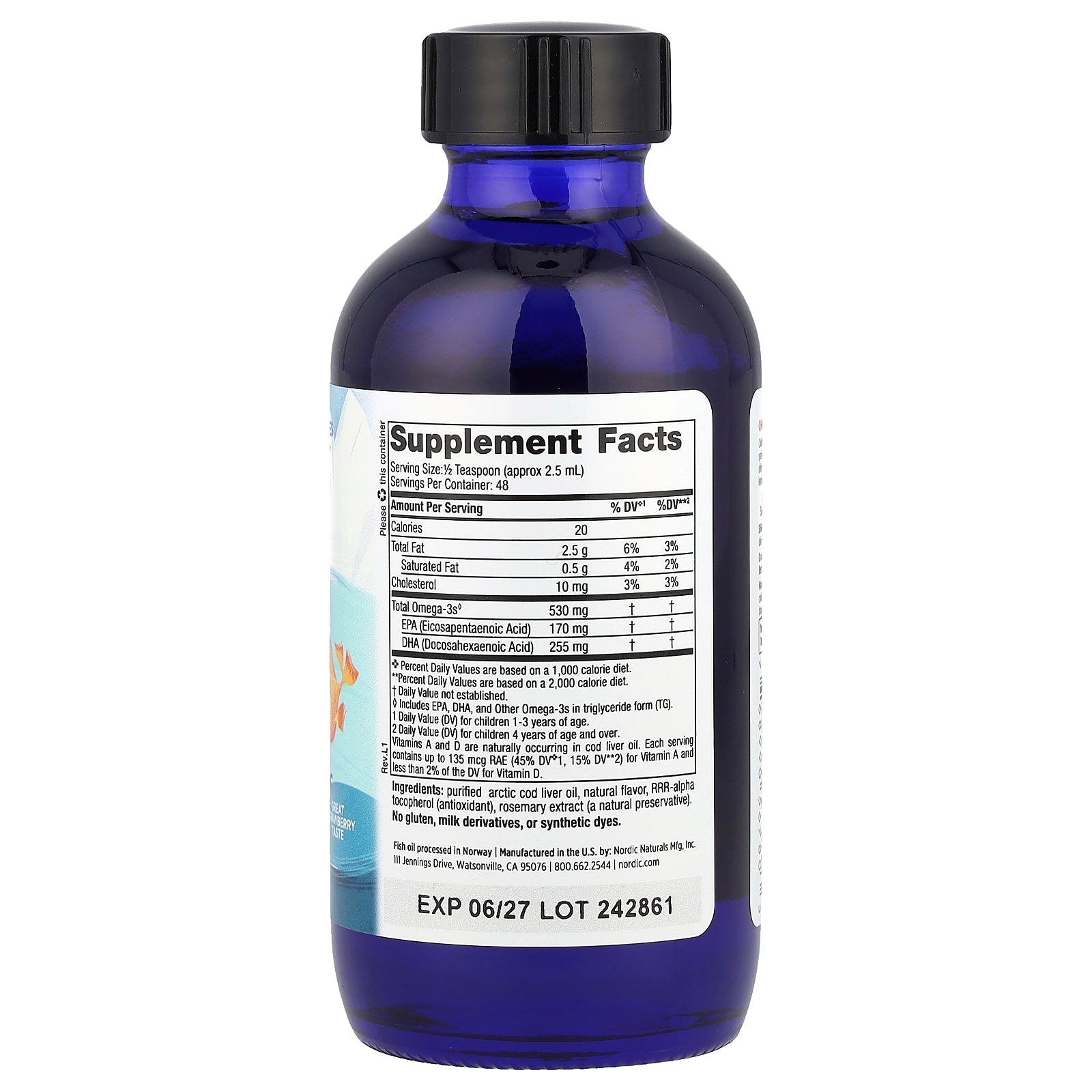 Nordic Naturals Children's DHA 530mg 4oz - back of bottle with supplement facts