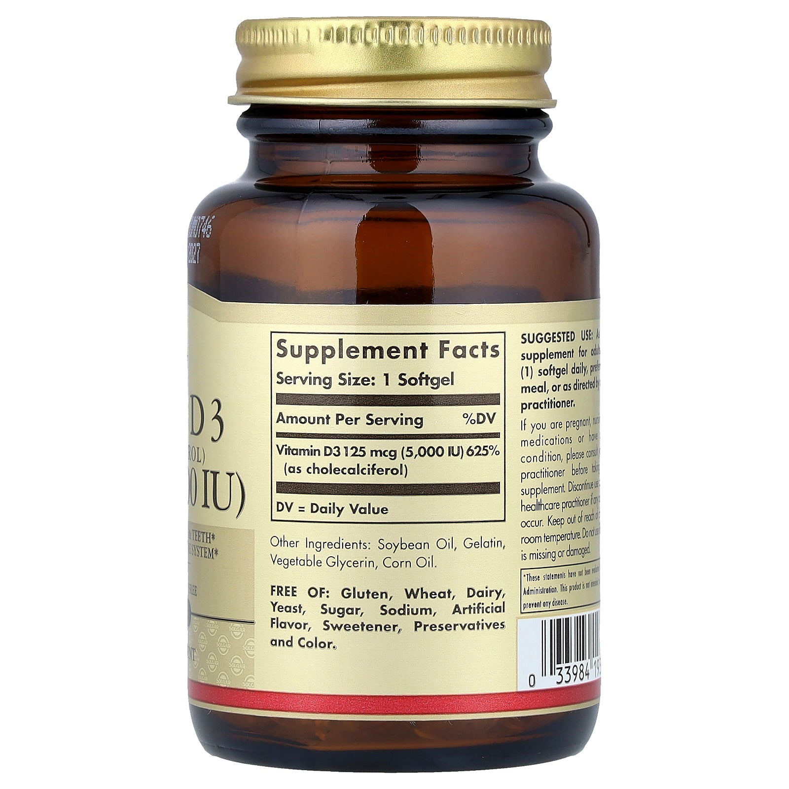 Solgar Vitamin D3 5000 IU 100ct - supplement facts panel