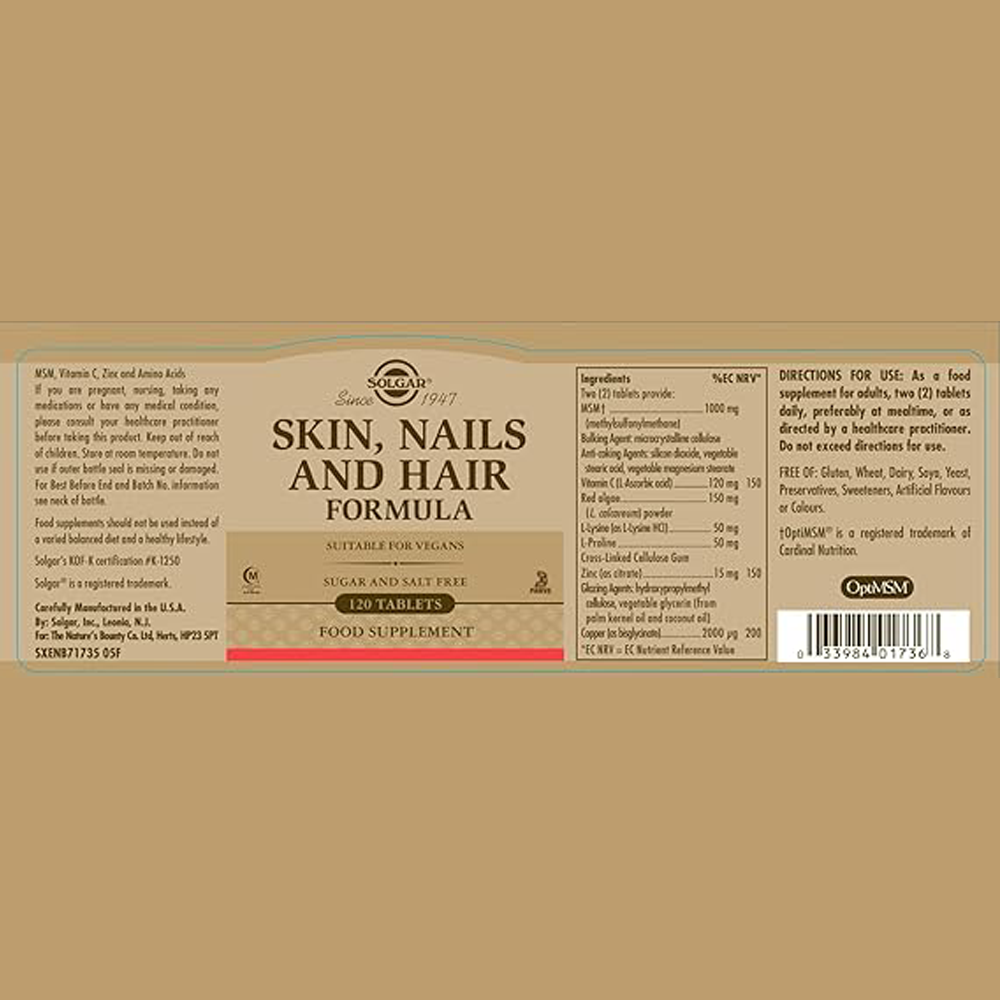 Solgar Skin, Nails & Hair, Advanced MSM Formula, 120 Tablets - Supports Collagen for Hair, Nail and Skin Health - Provides Zinc, Vitamin C & Copper - Non GMO, Vegan, Gluten & Dairy Free - 60 Servings