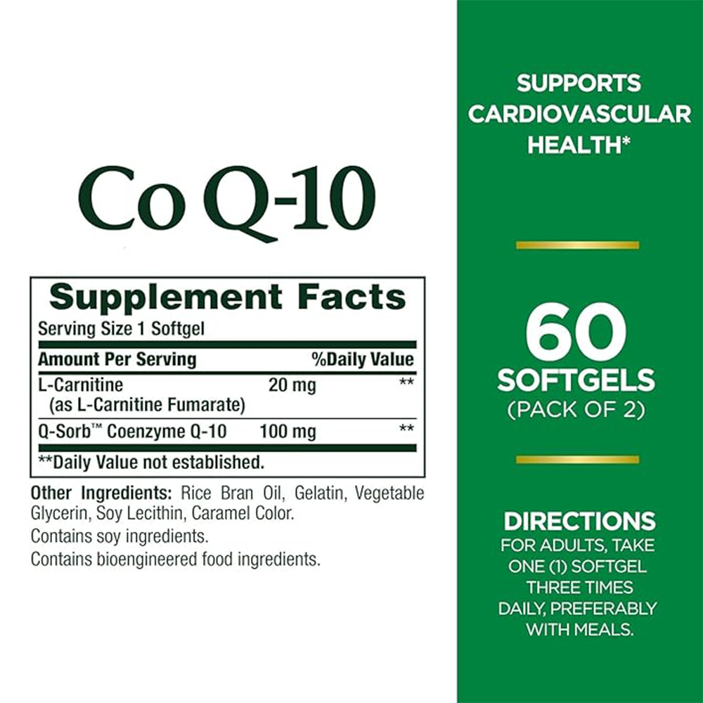 N.ature's B.ounty CoQ10 100mg Plus L-Carnitine, Supports Heart Health, Dietary Supplement Twin Pack, 120 Softgels