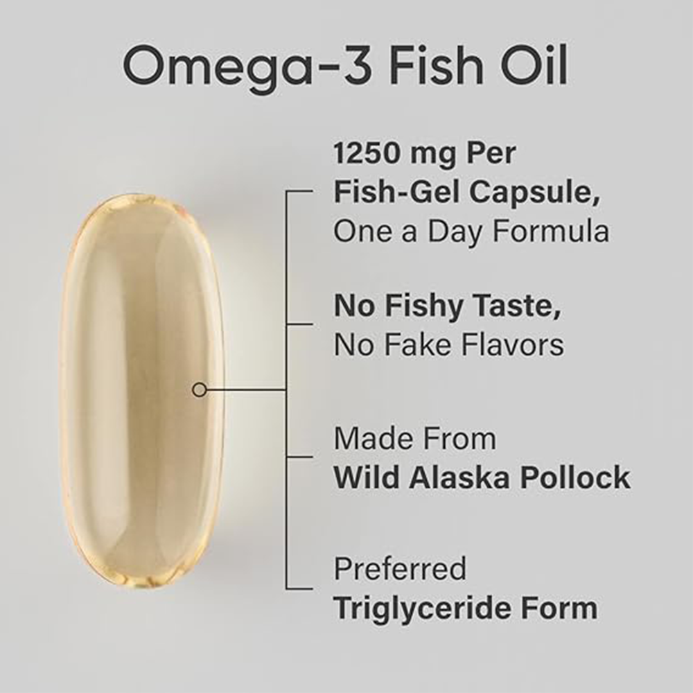 Sports Research Triple Strength Omega 3 Fish Oil - Burpless Fish Oil Supplement w/EPA & DHA Fatty Acids from Single-Source Wild Alaskan Pollock - 1250 mg, 90 ct