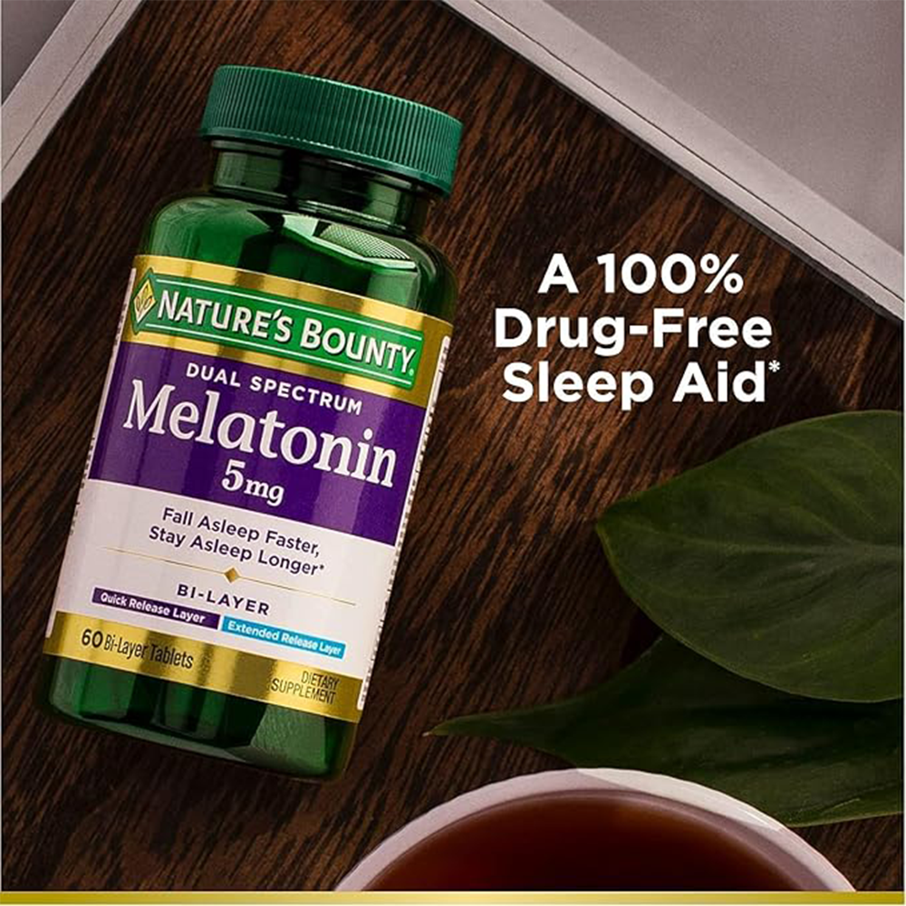 Nature's Bounty Melatonin 5mg Dual Spectrum, 100% Drug Free Sleep Supplement, Quick Release and Extended Release, Promotes Relaxation and Sleep Health, 60 Bi-Layer Tablets