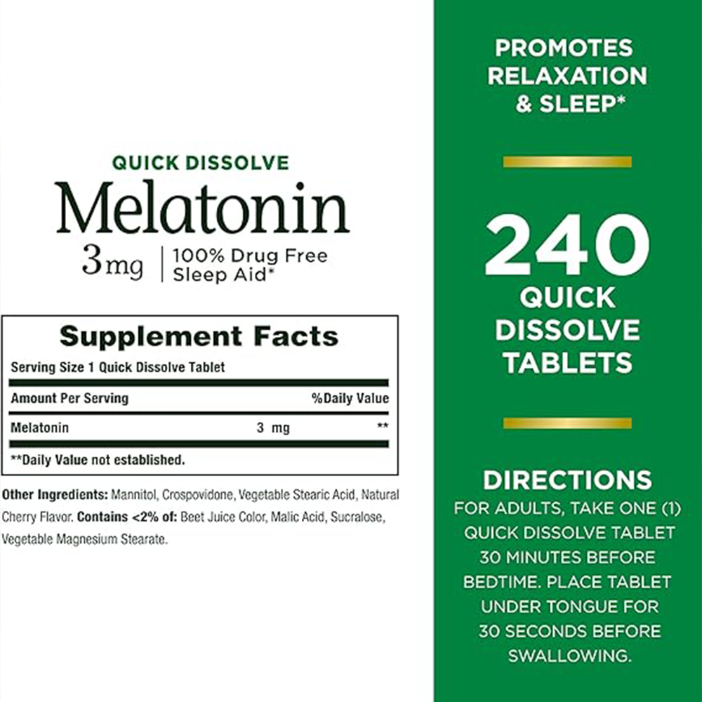 Nature’s Bounty Melatonin 3mg, 100% Drug Free Sleep Aids for Adults, Supports Relaxation and Sleep, Dietary Supplement, 240 Count (Cherry Flavour - Packaging May Vary)