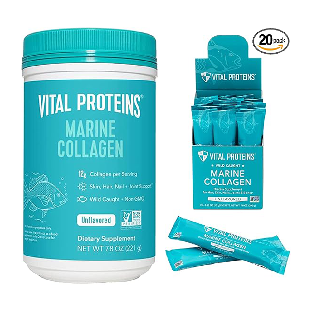 Vital Proteins Marine Collagen Peptides Powder Supplement 7.8 oz Canister + Stick Packs (10 g) (Box of 20)