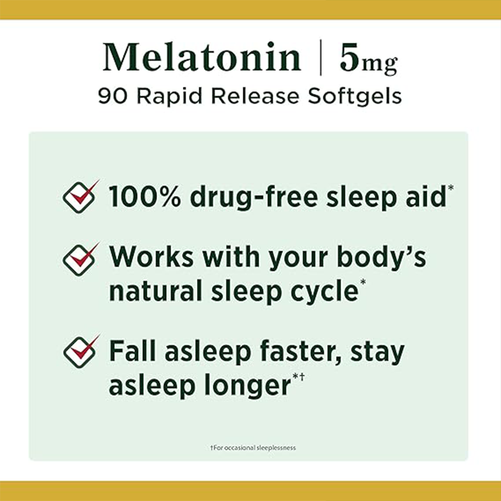 Nature's Bounty Melatonin, 100% Drug Free Sleep Aid, Dietary Supplement, Promotes Relaxation and Sleep Health, 5mg, 90 Softgels