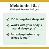 Nature's Bounty Melatonin, 100% Drug Free Sleep Aid, Dietary Supplement, Promotes Relaxation and Sleep Health, 5mg, 90 Softgels