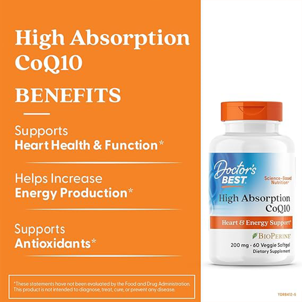 Doctor's Best High Absorption COQ10, Heart & Energy Support, USP Verified, Naturally Fermented CoQ10, Non-GMO Gluten Free, Soy Free, Vegetarian 60 Veggie Softgels