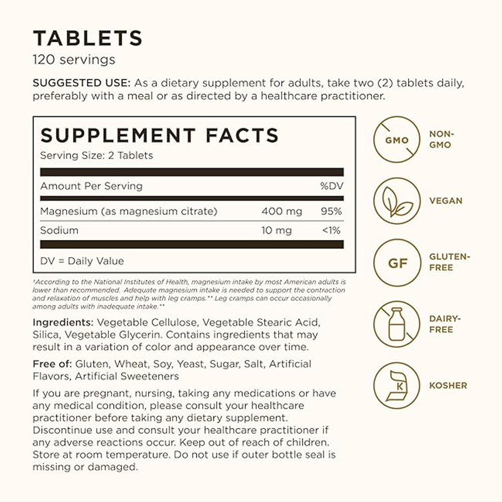 Solgar Magnesium Citrate, 120 Tablets - Promotes Healthy Bones - Supports Nerve & Muscle Function - Non GMO, Vegan, Gluten Free, Dairy Free, Kosher - 60 Servings