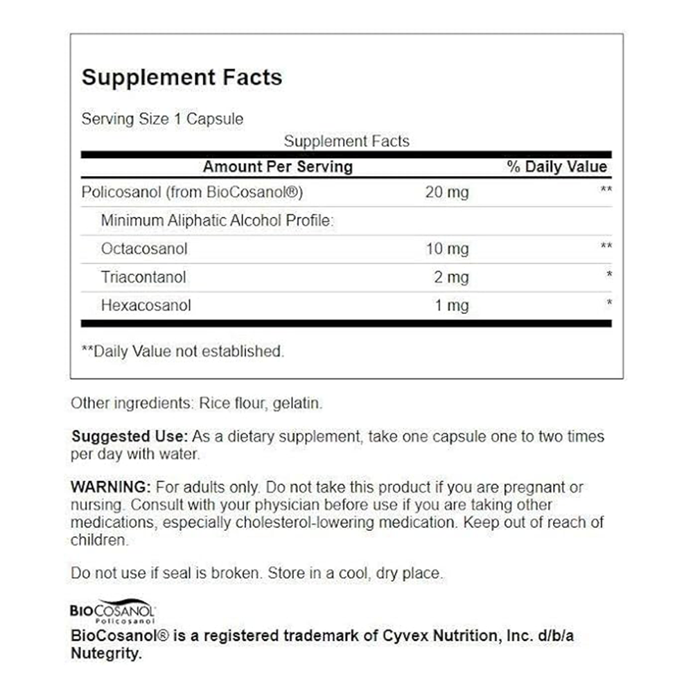 Swanson Ultra Policosanol - Supplement Helps Support Cardiovascular Health - All Natural Formula Aids Good Heart Health & Function - Helps Maintain Healthy Cholesterol Levels (60 Capsules, 20mg Each)