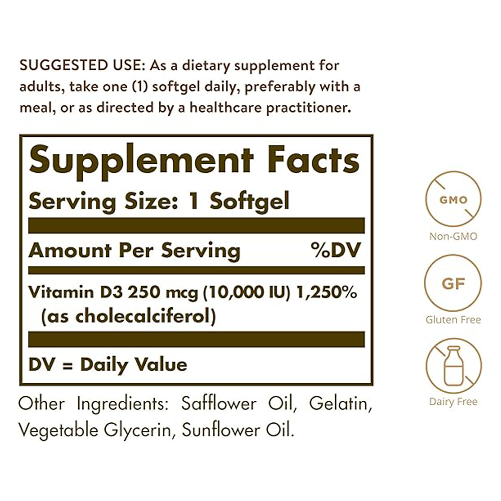 Solgar Vitamin D3 (Cholecalciferol) 250 MCG (10,000 IU), 120 Softgels - Helps Maintain Healthy Bones & Teeth - Immune System Support - Non GMO, Gluten Free, Dairy Free - 120 Servings