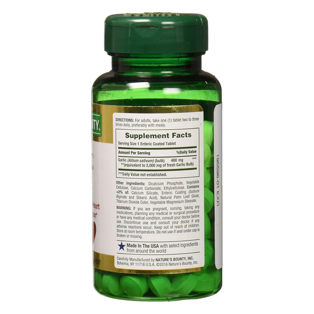 Nature's Bounty Garlic Tablets, Heart Health, 2000 Mg, Order Free Coated Tablets, 120 Ct