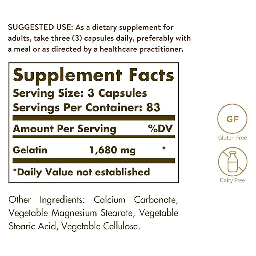 Solgar Gelatin 1680 mg, 250 Capsules - Natural Gelatin - Supports Bone, Joint & Skin Health - Gluten Free, Dairy Free - 83 Servings