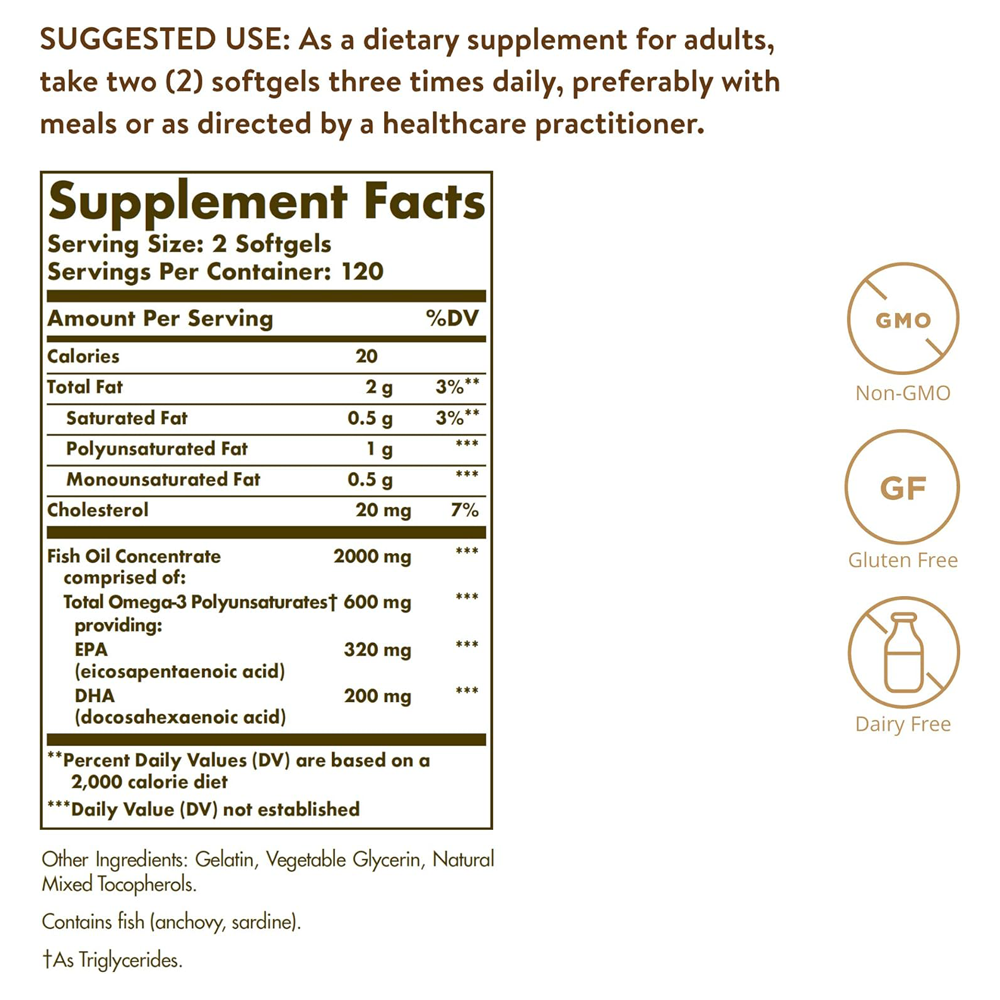 Solgar Omega-3 Fish Oil Concentrate, 240 Softgels - Support for Cardiovascular, Joint & Brain Health - Contains EPA & DHA Fatty Acids - Non GMO, Gluten/ Dairy Free - 120 Servings