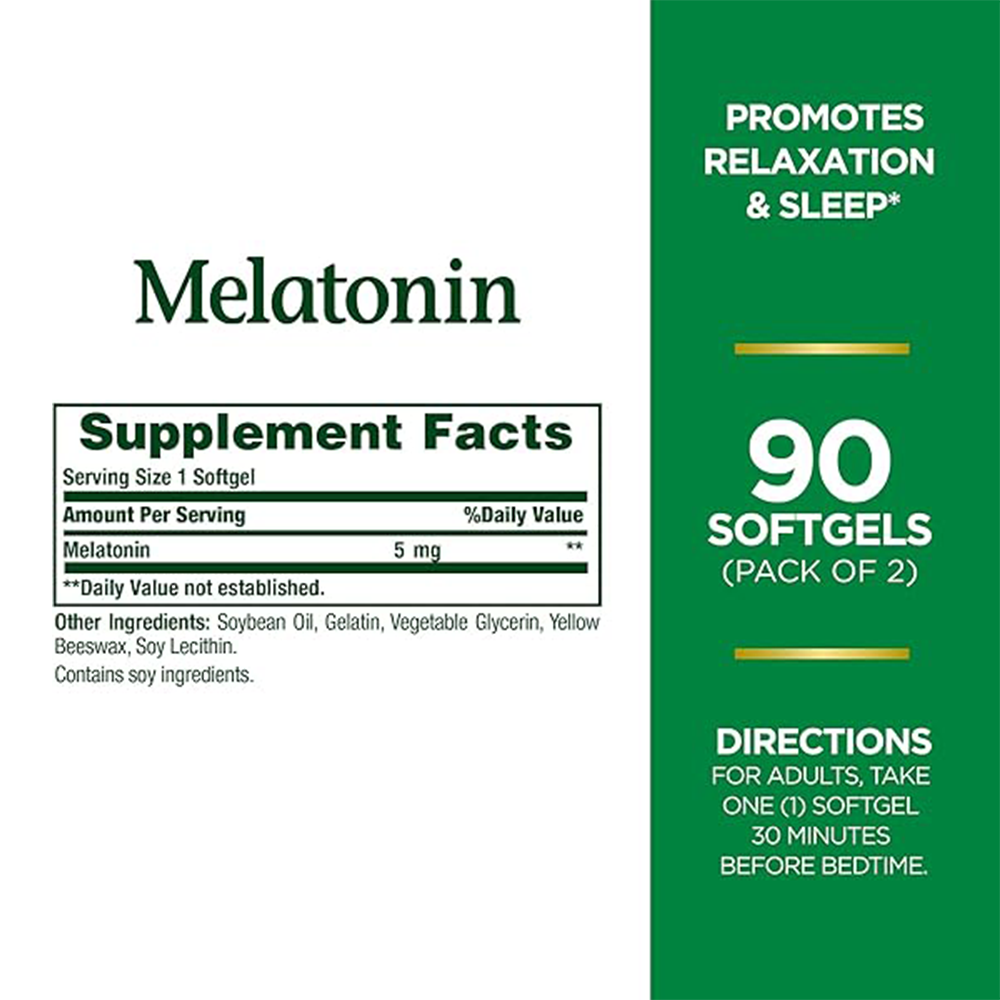 Nature's Bounty Melatonin, 100% Drug Free Sleep Aid, Dietary Supplement, Promotes Relaxation and Sleep Health, 5mg, 90 Softgels