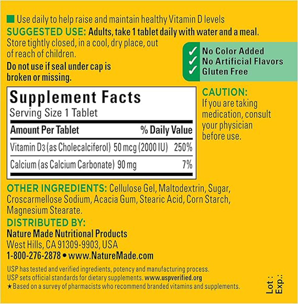 Nature Made Vitamin D3, 100 Softgels, Vitamin D 2000 IU (50 mcg) Helps Support Immune Health, Strong Bones and Teeth, & Muscle Function, 250% of The Daily Value for Vitamin D in One Daily Softgel