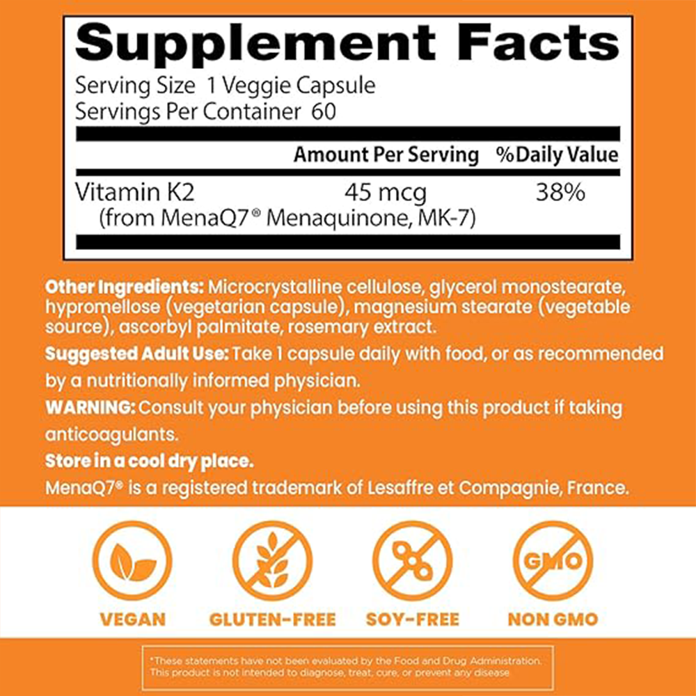 Doctors Best Natural Vitamin K2 MK-7, Supports Tissue & Bone Health, Non-GMO, Gluten Free, Soy Free, Vegan 60 Veggie Caps