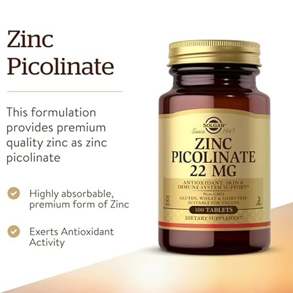 Solgar Zinc Picolinate 22 mg, 100 Tablets - Promotes Healthy Skin - Supports Immune System, Normal Taste & Vision - Antioxidant - Non GMO, Vegan, Gluten Free, Dairy Free, Kosher - 100 Servings