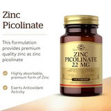 Solgar Zinc Picolinate 22 mg, 100 Tablets - Promotes Healthy Skin - Supports Immune System, Normal Taste & Vision - Antioxidant - Non GMO, Vegan, Gluten Free, Dairy Free, Kosher - 100 Servings