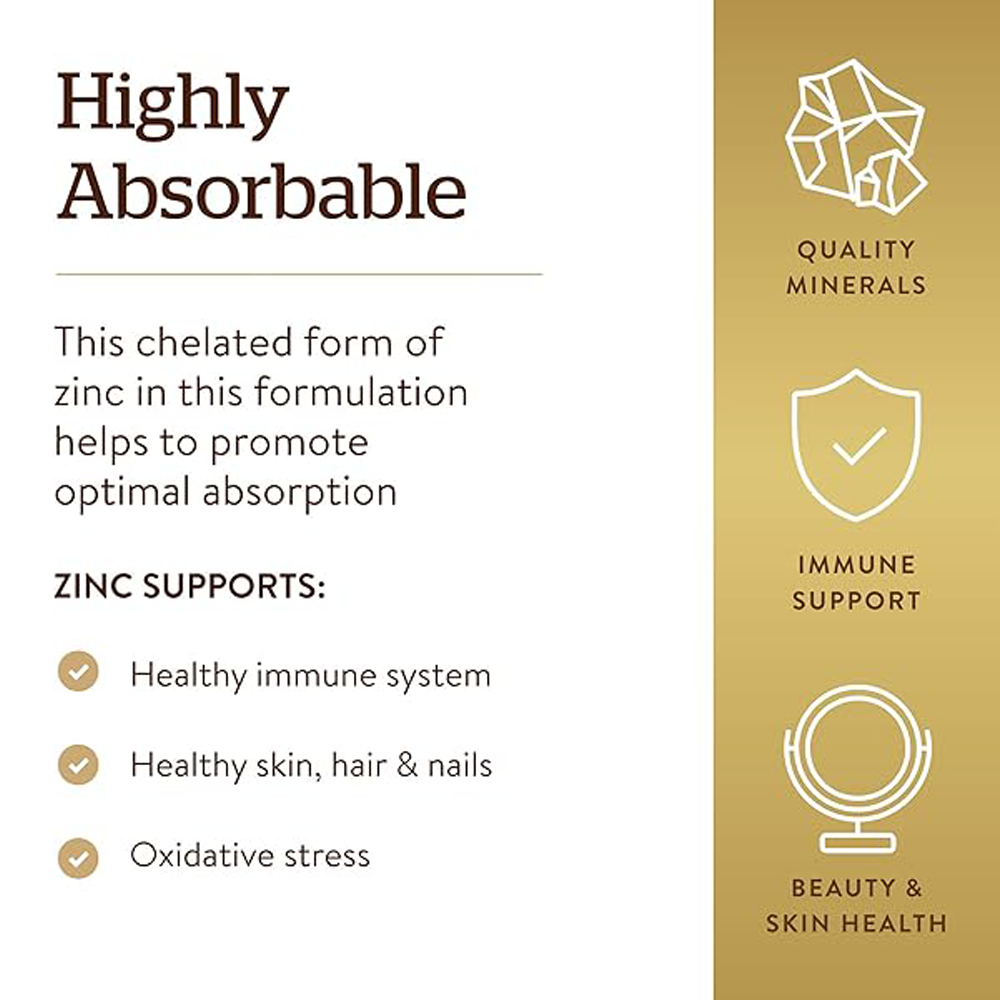 Solgar Chelated Zinc, 250 Tablets - Zinc for Healthy Skin - Supports Cell Growth & DNA Formation - Exerts Antioxidant Activity - Supports A Healthy Immune System - Non GMO, Vegan - 250 Servings