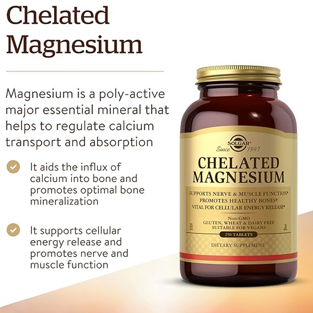 Solgar Chelated Magnesium, 250 Tablets - Supports Nerve & Muscle Function - Promotes Healthy Bones - Vital for Cellular Energy Release - Non-GMO, Vegan, Gluten Free, Dairy Free - 62 Servings