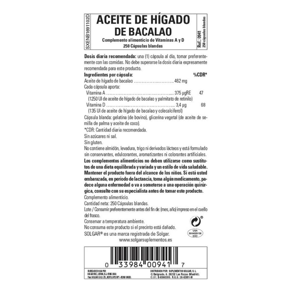 Solgar Cod Liver Oil, 100 Softgels - Supports Healthy Immune System, Healthy Eyes & Vision and Bone Health - Vitamin A & D Supplement - Non-GMO, Gluten Free, Dairy Free - 100 Servings