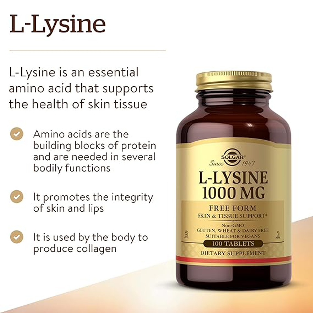 Solgar L-Lysine 1000 mg, 100 Tablets - Enhanced Absorption and Assimilation - Promotes Integrity of Skin and Lips - Collagen Support - Amino Acids - Non GMO, Vegan, Gluten Free - 100 Servings