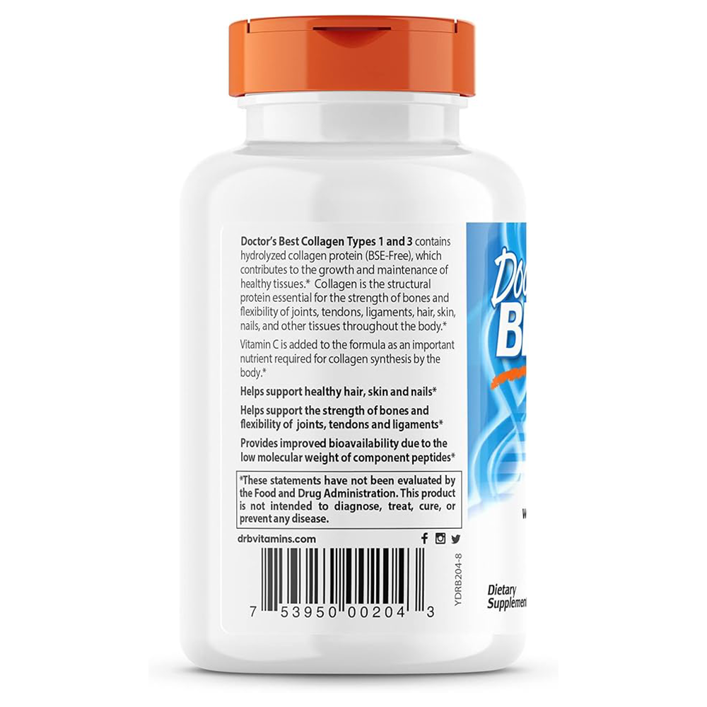 Doctor's Best Collagen Types 1 & 3 with Peptan, Non-GMO, Gluten Free, Soy Free, Supports Hair, Skin, Nails, Tendons & Bones, 1000 mg, 180 Tablets