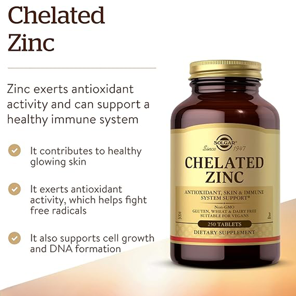 Solgar Chelated Zinc, 250 Tablets - Zinc for Healthy Skin - Supports Cell Growth & DNA Formation - Exerts Antioxidant Activity - Supports A Healthy Immune System - Non GMO, Vegan - 250 Servings