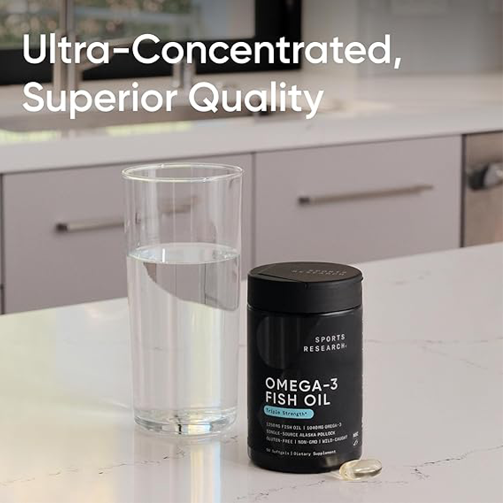 Sports Research Triple Strength Omega 3 Fish Oil - Burpless Fish Oil Supplement w/EPA & DHA Fatty Acids from Single-Source Wild Alaskan Pollock - 1250 mg, 90 ct
