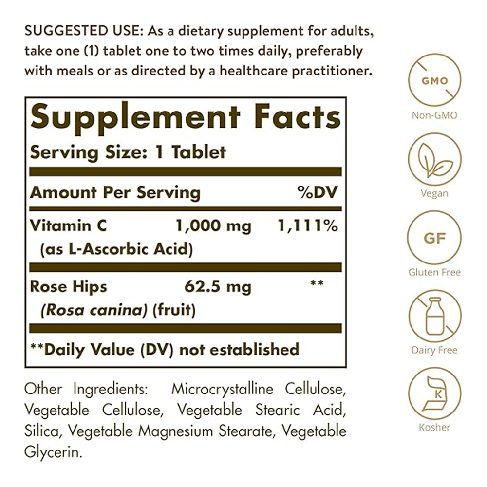 Solgar Vitamin C 1000 mg with Rose Hips, 250 Tablets - Antioxidant & Immune Support - Overall Health - Supports Healthy Skin & Joints - Non GMO, Vegan, Gluten Free, Dairy Free, Kosher - 250 Servings