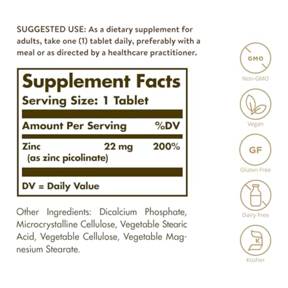 Solgar Zinc Picolinate 22 mg, 100 Tablets - Promotes Healthy Skin - Supports Immune System, Normal Taste & Vision - Antioxidant - Non GMO, Vegan, Gluten Free, Dairy Free, Kosher - 100 Servings