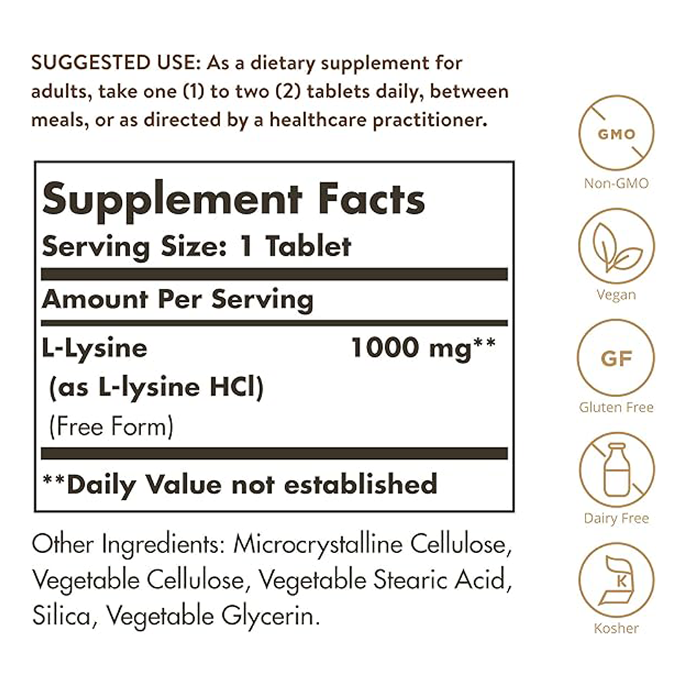 Solgar L-Lysine 1000 mg, 100 Tablets - Enhanced Absorption and Assimilation - Promotes Integrity of Skin and Lips - Collagen Support - Amino Acids - Non GMO, Vegan, Gluten Free - 100 Servings