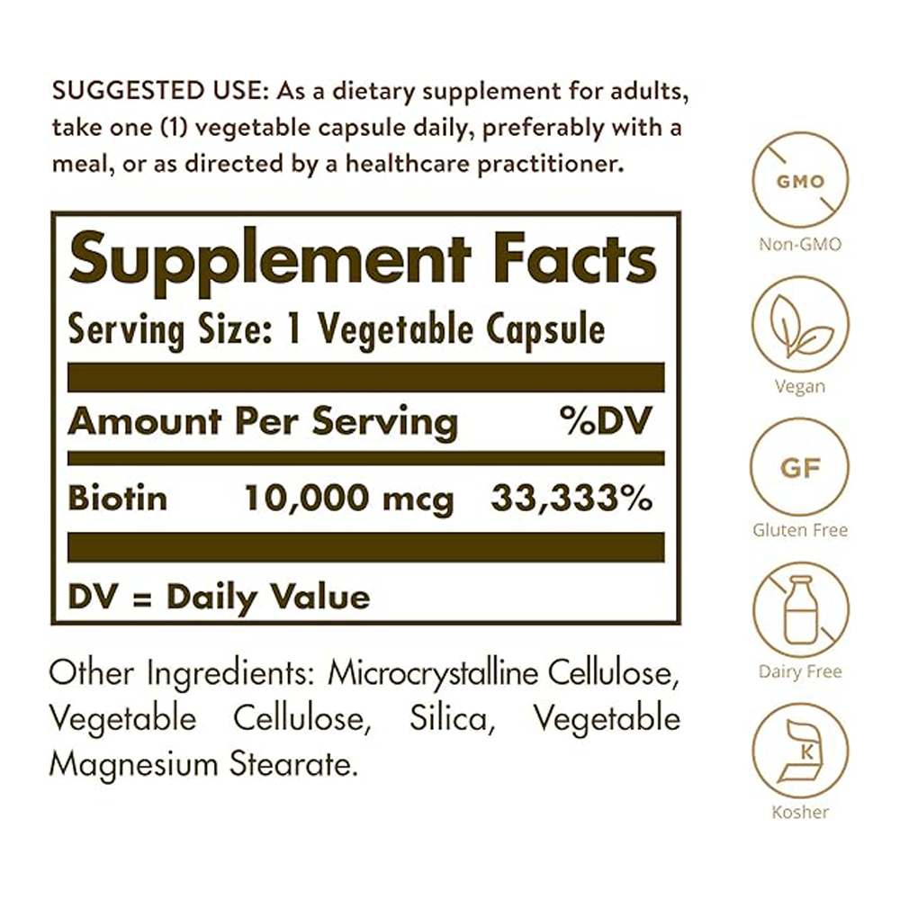 Solgar Biotin 10,000 mcg, 120 Vegetable Capsules - Energy, Metabolism, Promotes Healthy Skin, Nails & Hair - Super High Potency - Non-GMO, Vegan, Gluten, Dairy Free, Kosher - 120 Servings