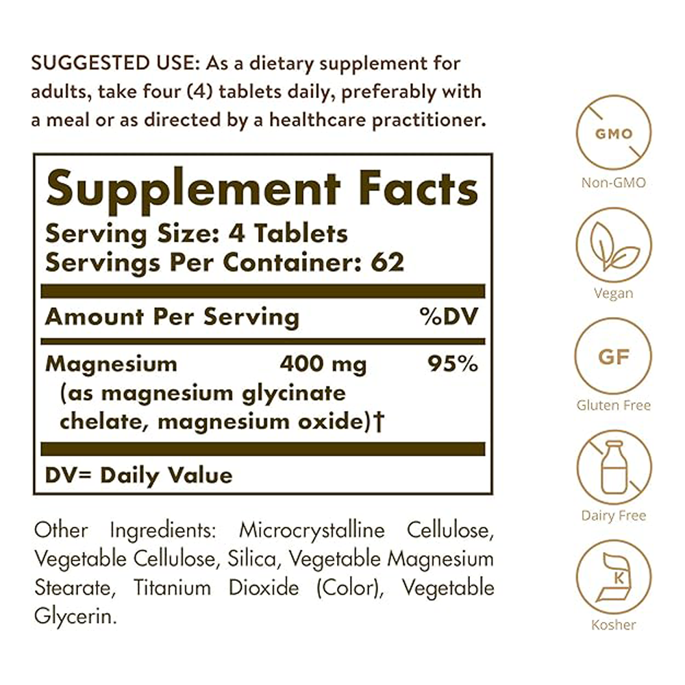 Solgar Chelated Magnesium, 250 Tablets - Supports Nerve & Muscle Function - Promotes Healthy Bones - Vital for Cellular Energy Release - Non-GMO, Vegan, Gluten Free, Dairy Free - 62 Servings