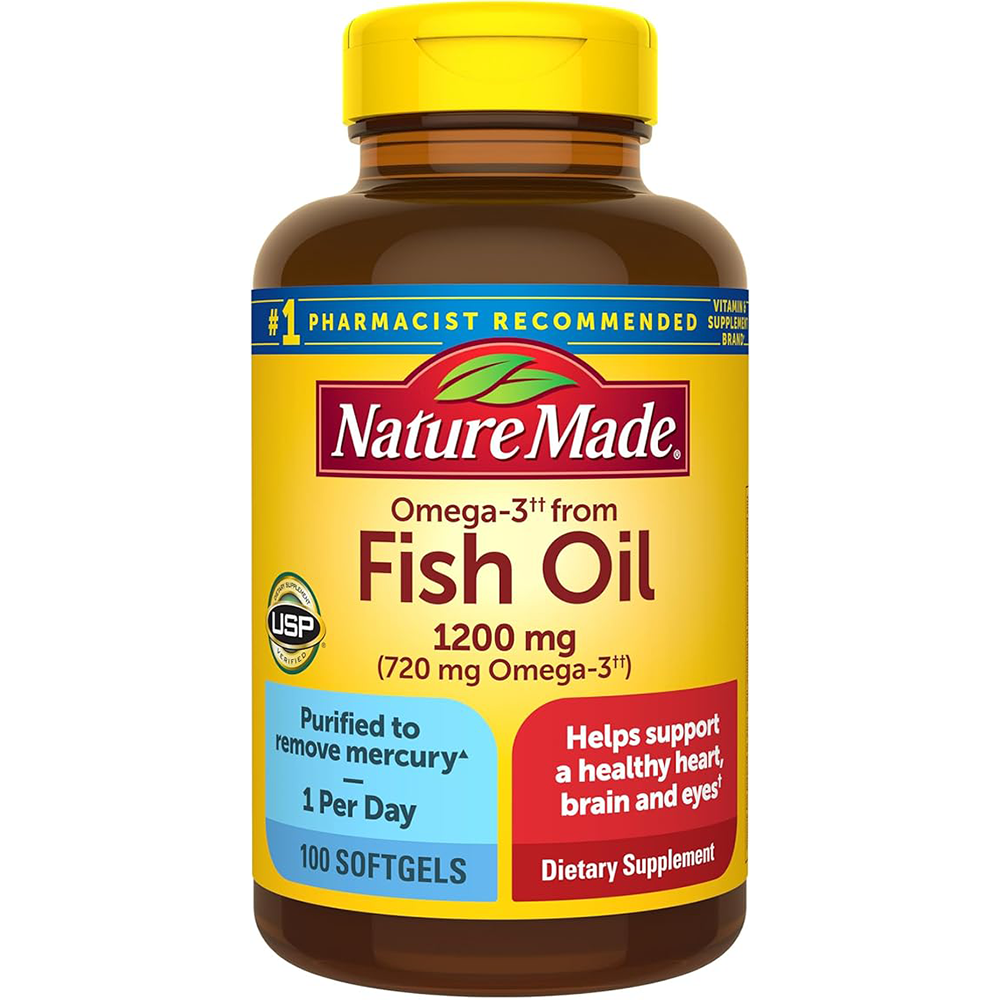 Nature Made Omega 3 Fish Oil 1200 mg, Fish Oil Supplements as Ethyl Esters, Omega 3 Fish Oil for Healthy Heart, Brain and Eyes Support, One Per Day, Omega 3 Supplement with 100 Softgels