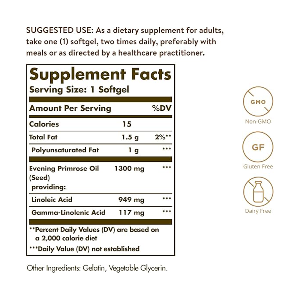 Solgar Evening Primrose Oil 1300 mg, 60 Softgels - Promotes Healthy Skin & Cardiovascular Health - Nutritional Support for Women - Non-GMO, Gluten Free, Dairy Free - 60 Servings