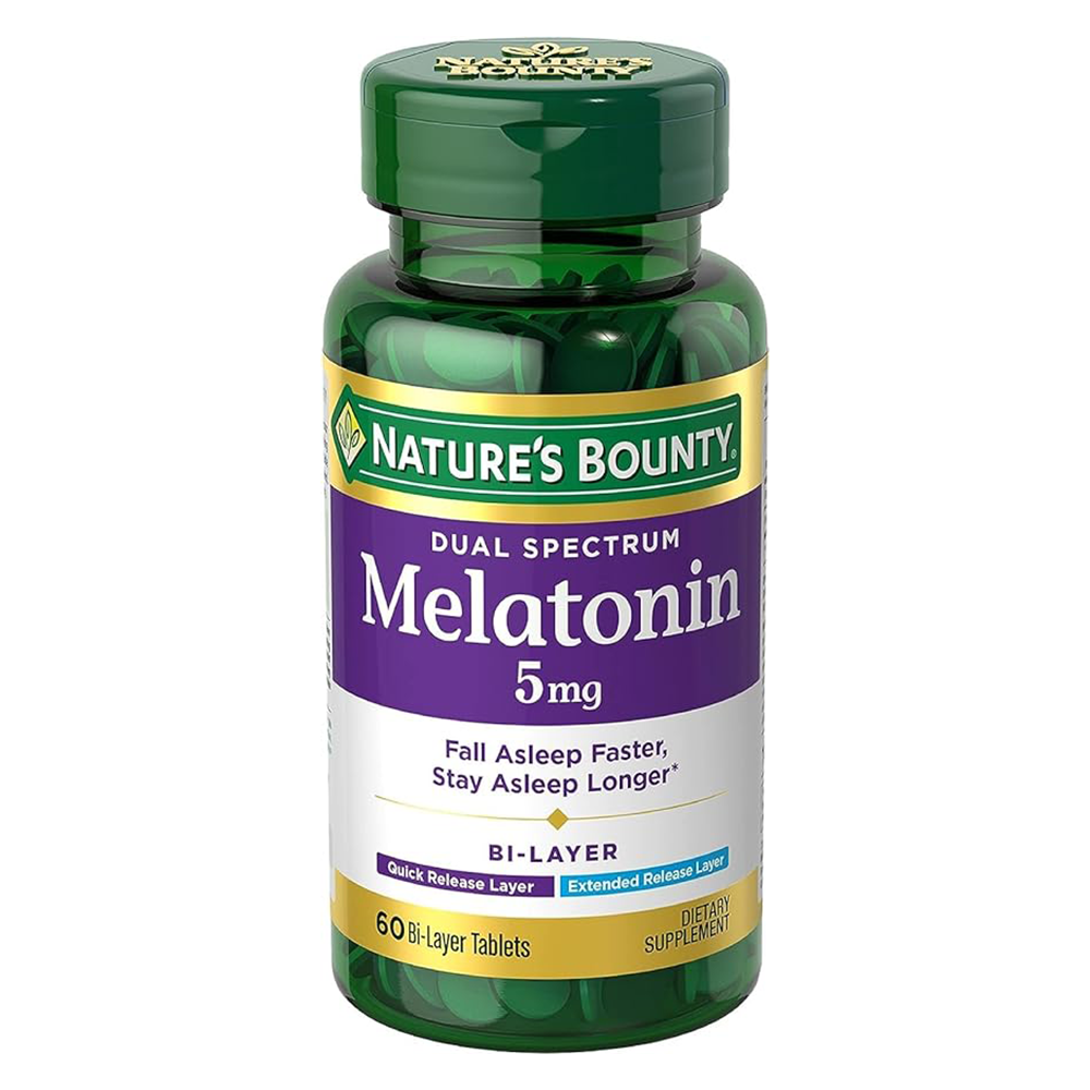 Nature's Bounty Melatonin 5mg Dual Spectrum, 100% Drug Free Sleep Supplement, Quick Release and Extended Release, Promotes Relaxation and Sleep Health, 60 Bi-Layer Tablets