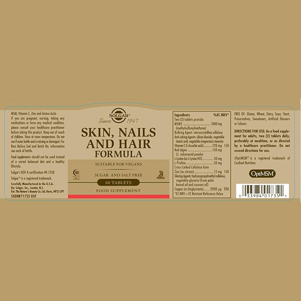 Solgar Skin, Nails & Hair, Advanced MSM Formula, 60 Tablets - Supports Collagen for Hair, Nail and Skin Health - Provides Zinc, Vitamin C & Copper - Non GMO, Vegan, Gluten & Dairy Free - 30 Servings