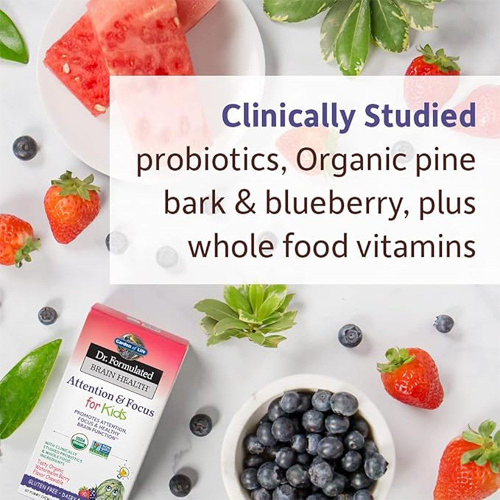 Garden of Life, Dr. Formulated Brain Health, Attention & Focus for Kids, Tasty Organic Watermelon Berry Flavor, 60 Yummy Chewables