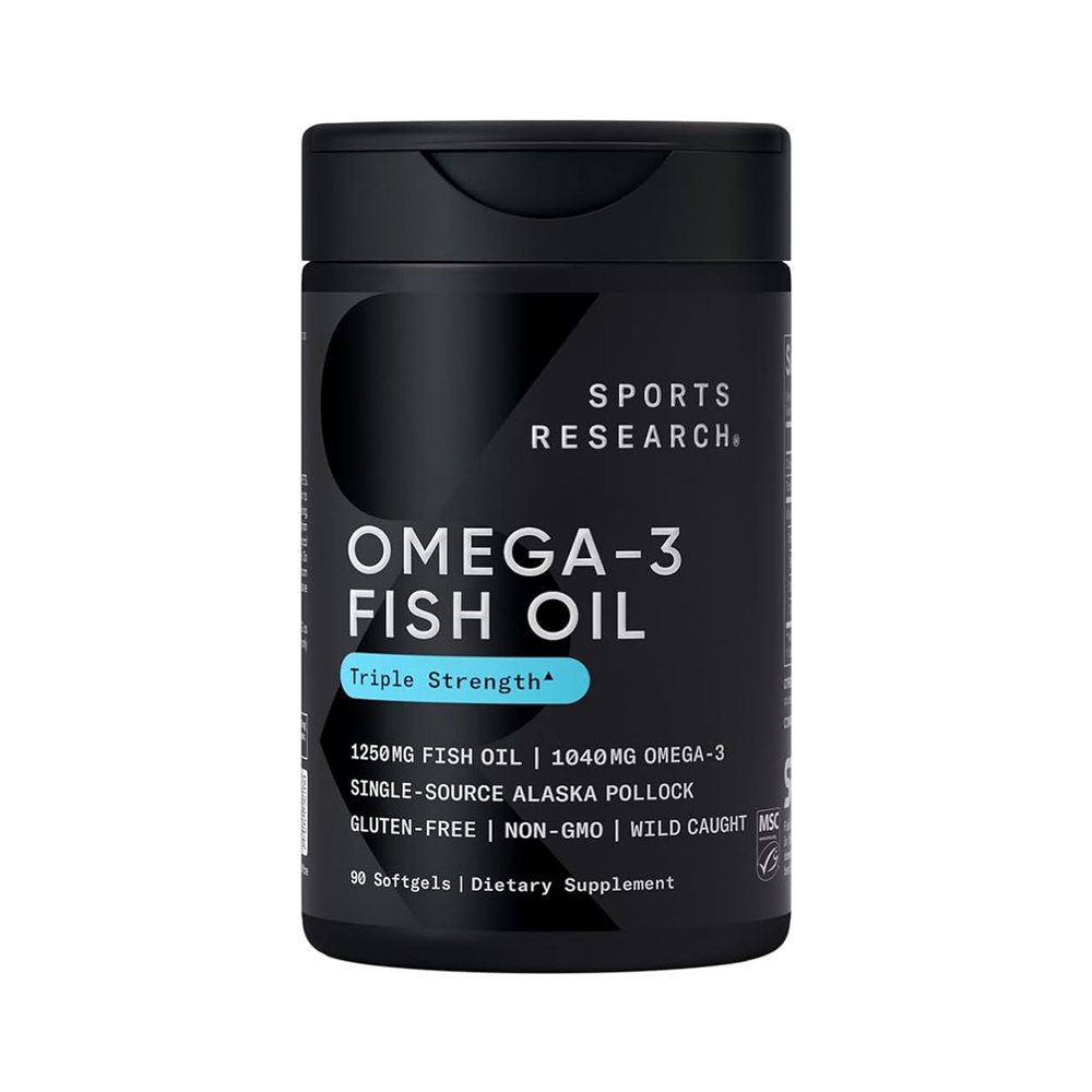 Sports Research Triple Strength Omega 3 Fish Oil - Burpless Fish Oil Supplement w/EPA & DHA Fatty Acids from Single-Source Wild Alaskan Pollock - 1250 mg, 90 ct