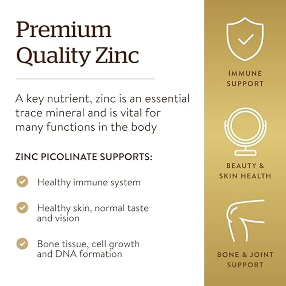 Solgar Zinc Picolinate 22 mg, 100 Tablets - Promotes Healthy Skin - Supports Immune System, Normal Taste & Vision - Antioxidant - Non GMO, Vegan, Gluten Free, Dairy Free, Kosher - 100 Servings