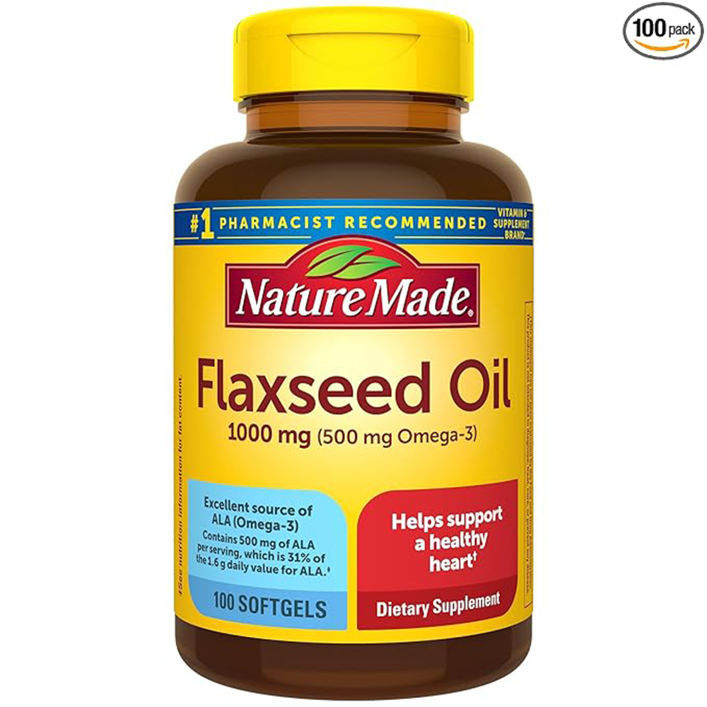 Nature Made Flaxseed Oil 1000 mg, Fish Free Omega 3 Supplement, Dietary Supplement for Heart Health Support, 100 Softgels, 100 Day Supply