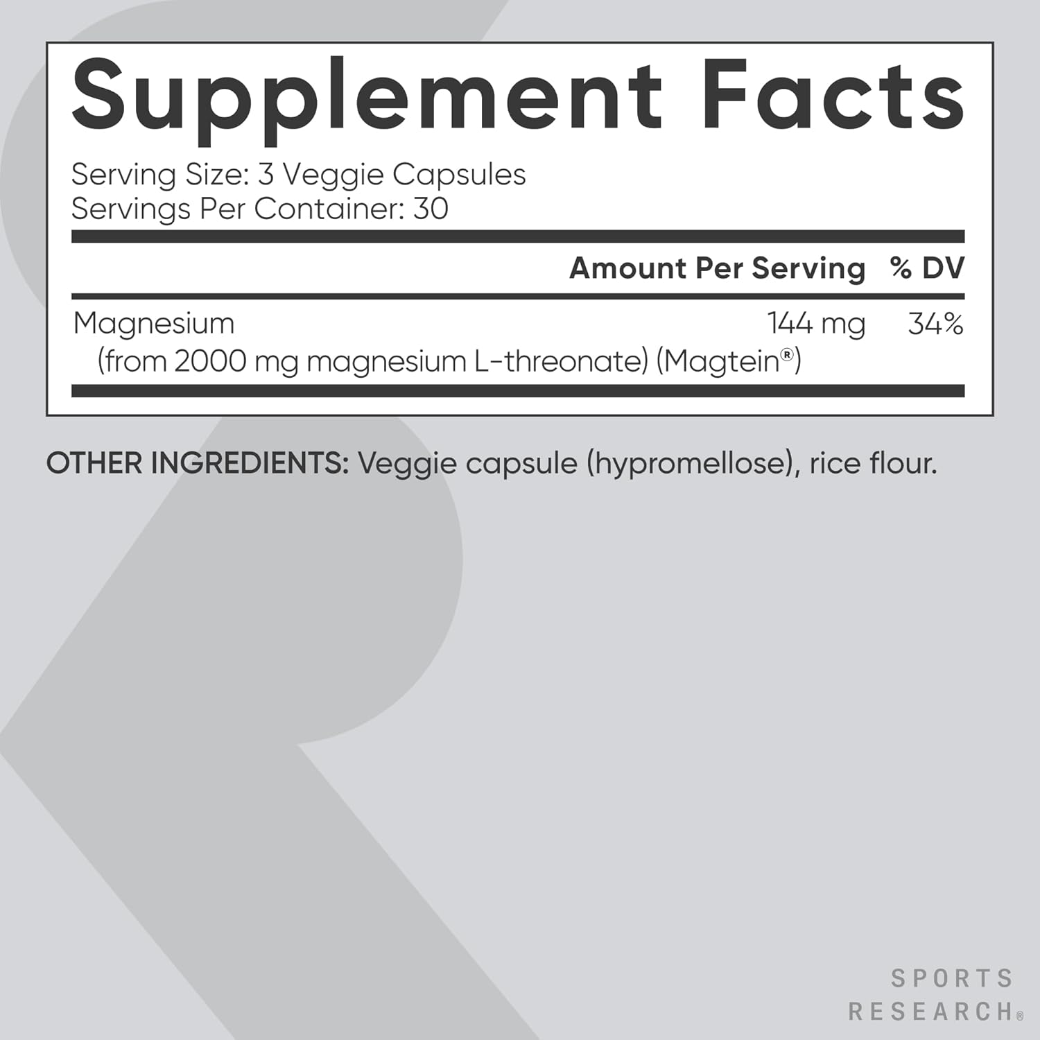 Sports Research Magnesium L-Threonate 2000mg, 90 Capsules