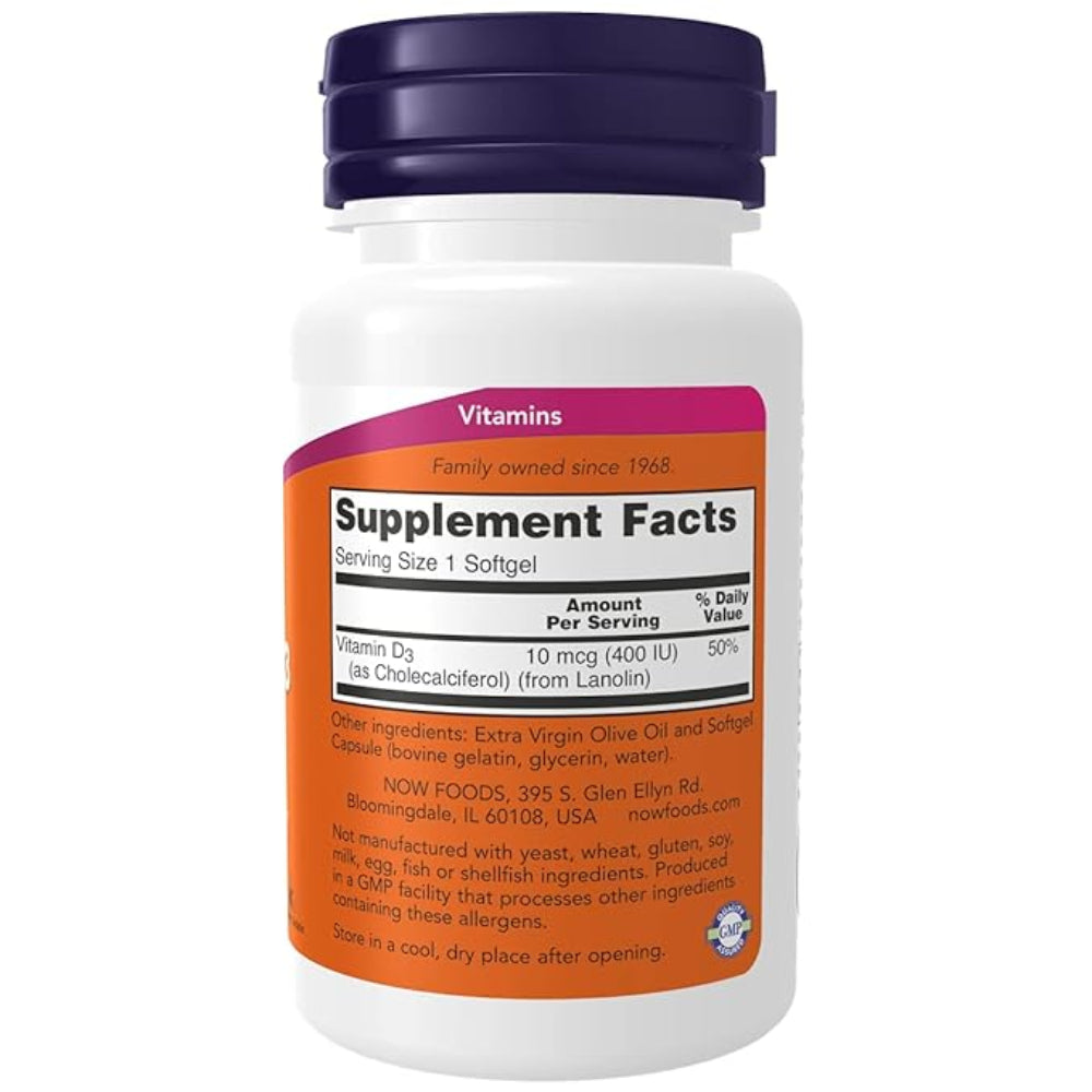 Now Foods Vitamin D-3 400 IU Pack of 180 Softgels