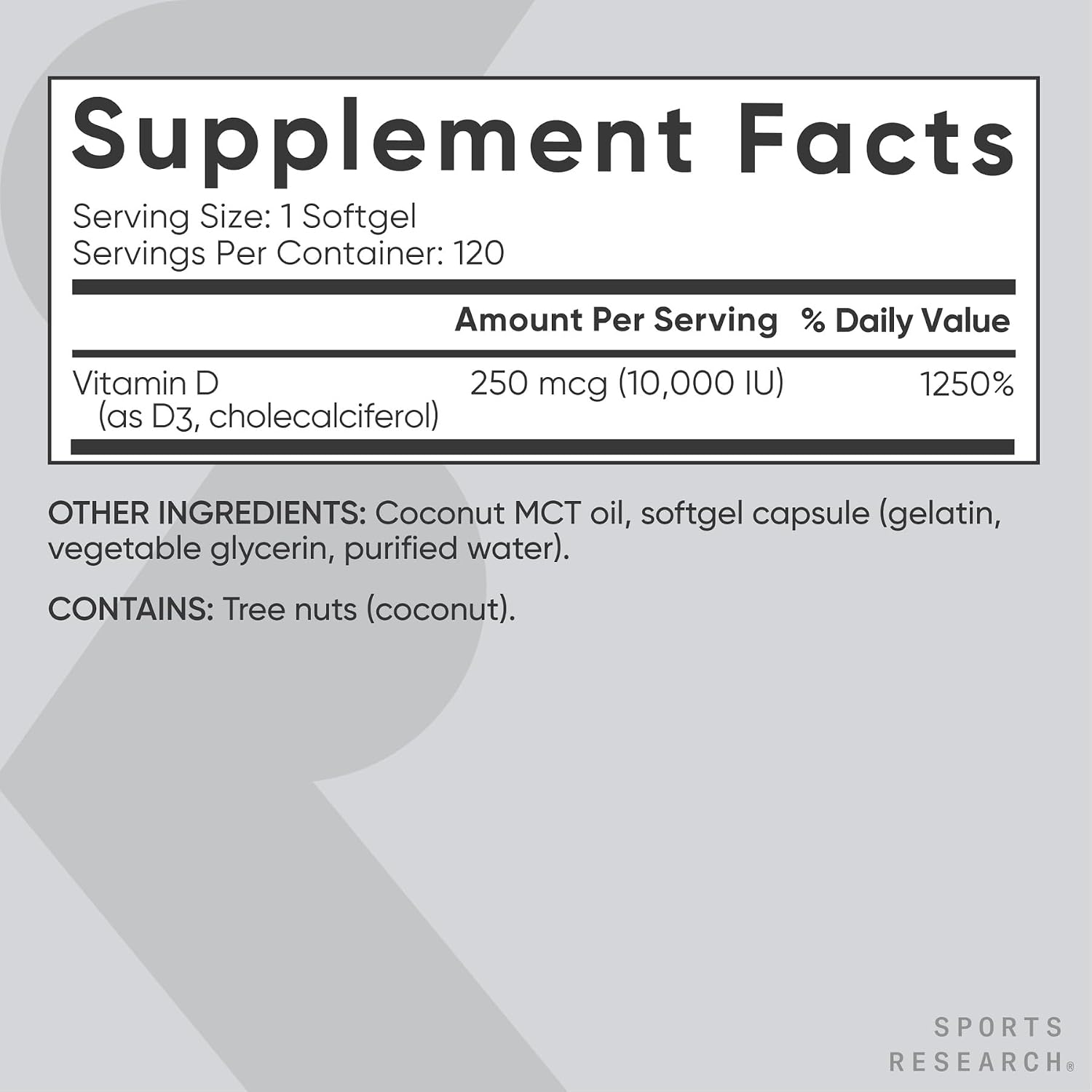 Sports Research Vitamin D3 10000IU, 120 Softgels