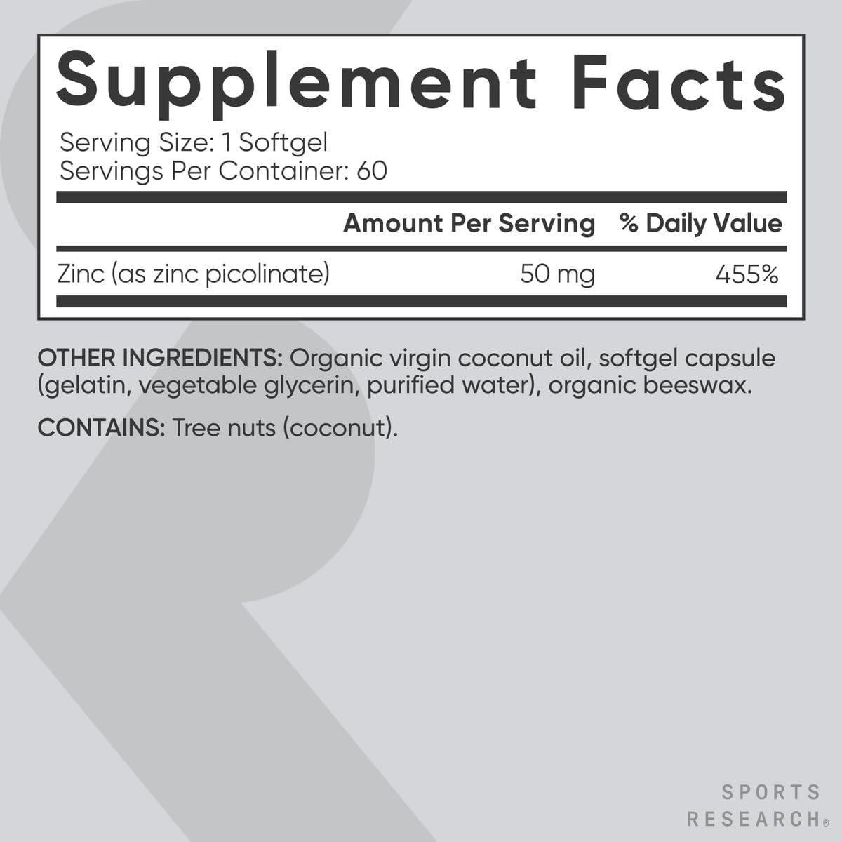 Sports Research Zinc Picolinate 50mg, 60 Softgels