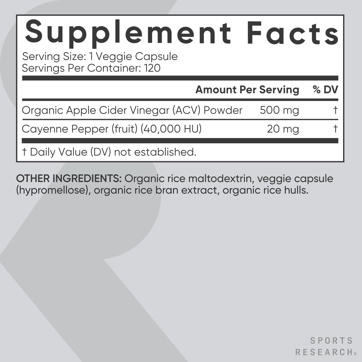 Sports Research Apple Cider Vinegar with Cayenne Pepper 520mg, 120 Veggie Capsules