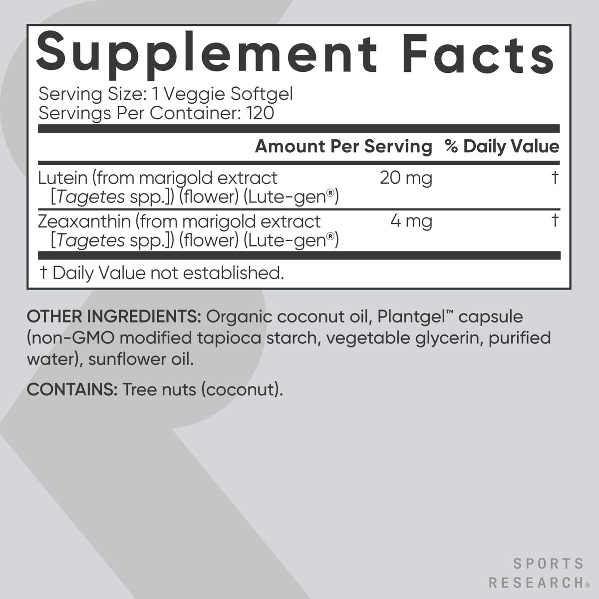 Sports Research Lutein + Zeaxanthin 20mg, 120 Softgels