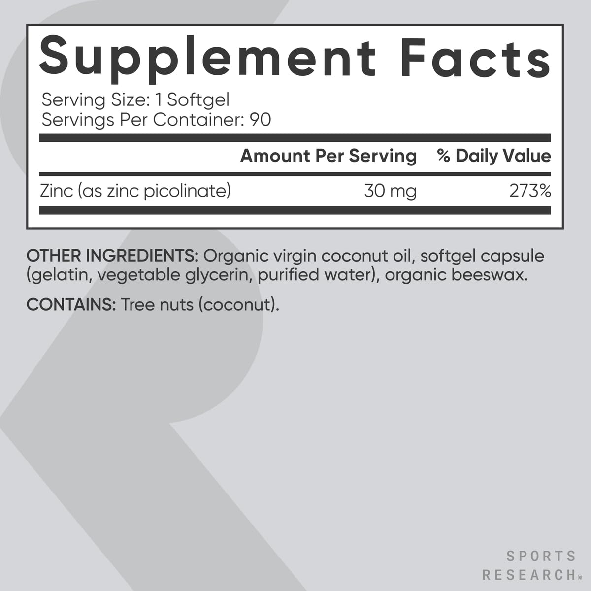 Sports Research Zinc Picolinate 30mg 90ct - additional view