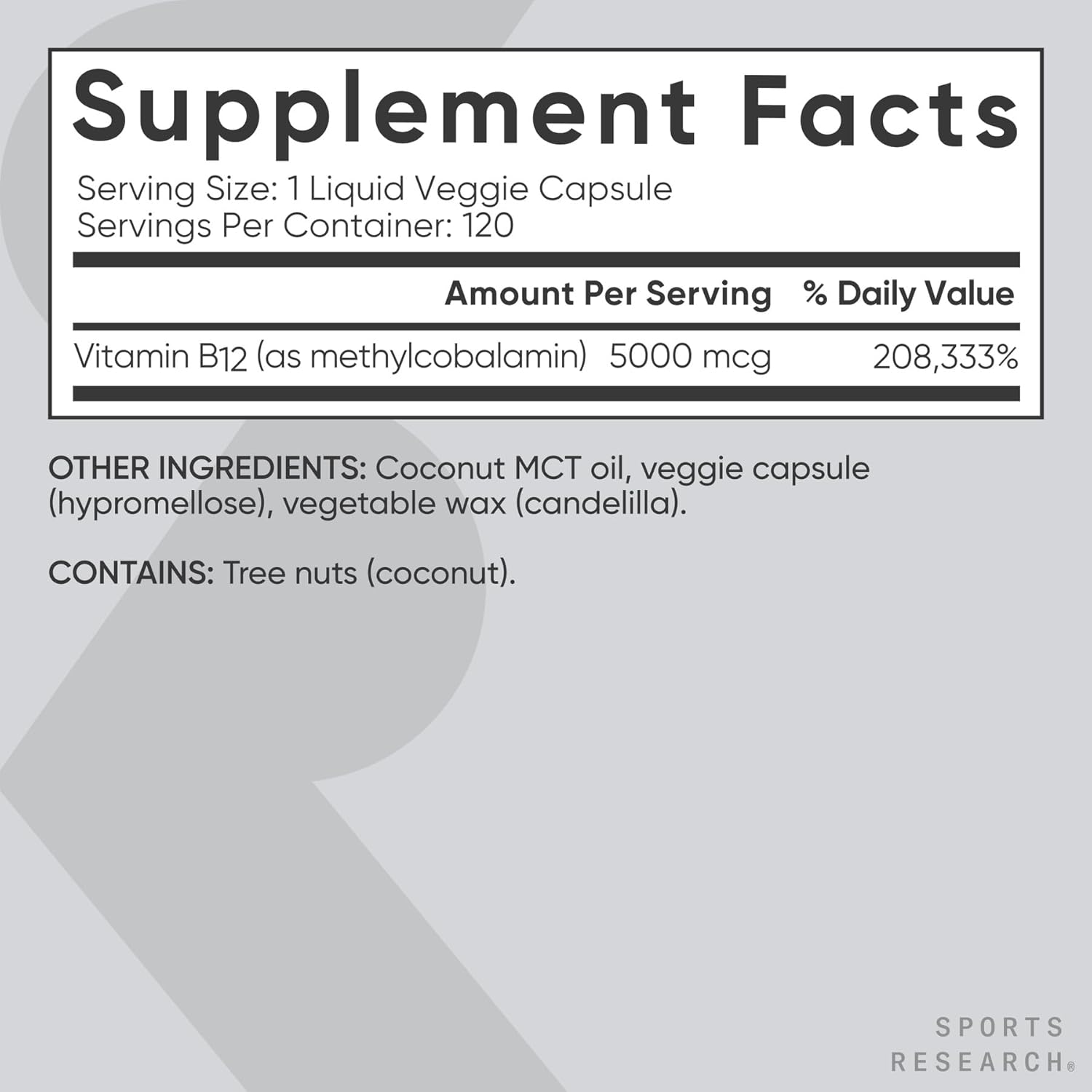 Sports Research Methyl B12 5000mcg, 120 Capsules